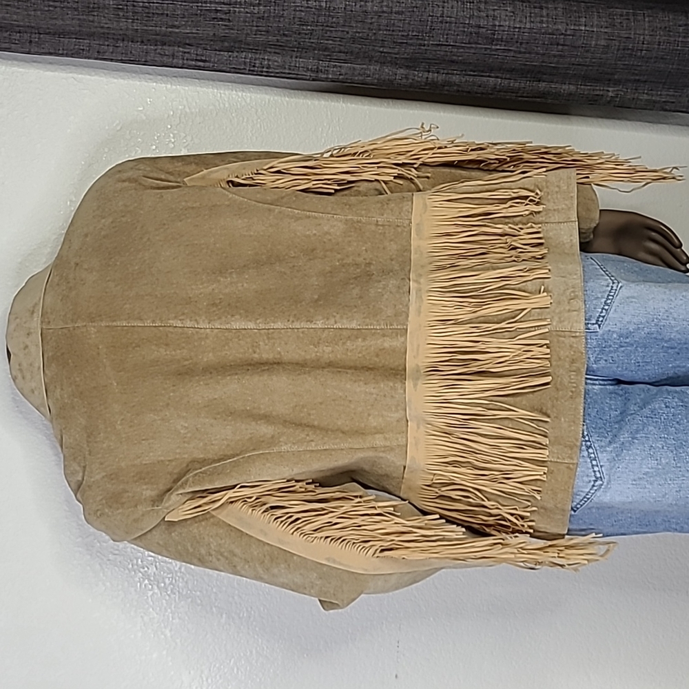 Western Jacket Blazer Size XL Tan Suede Leather Upcycled Fringe Cowgirl Trend - Picture 4 of 7